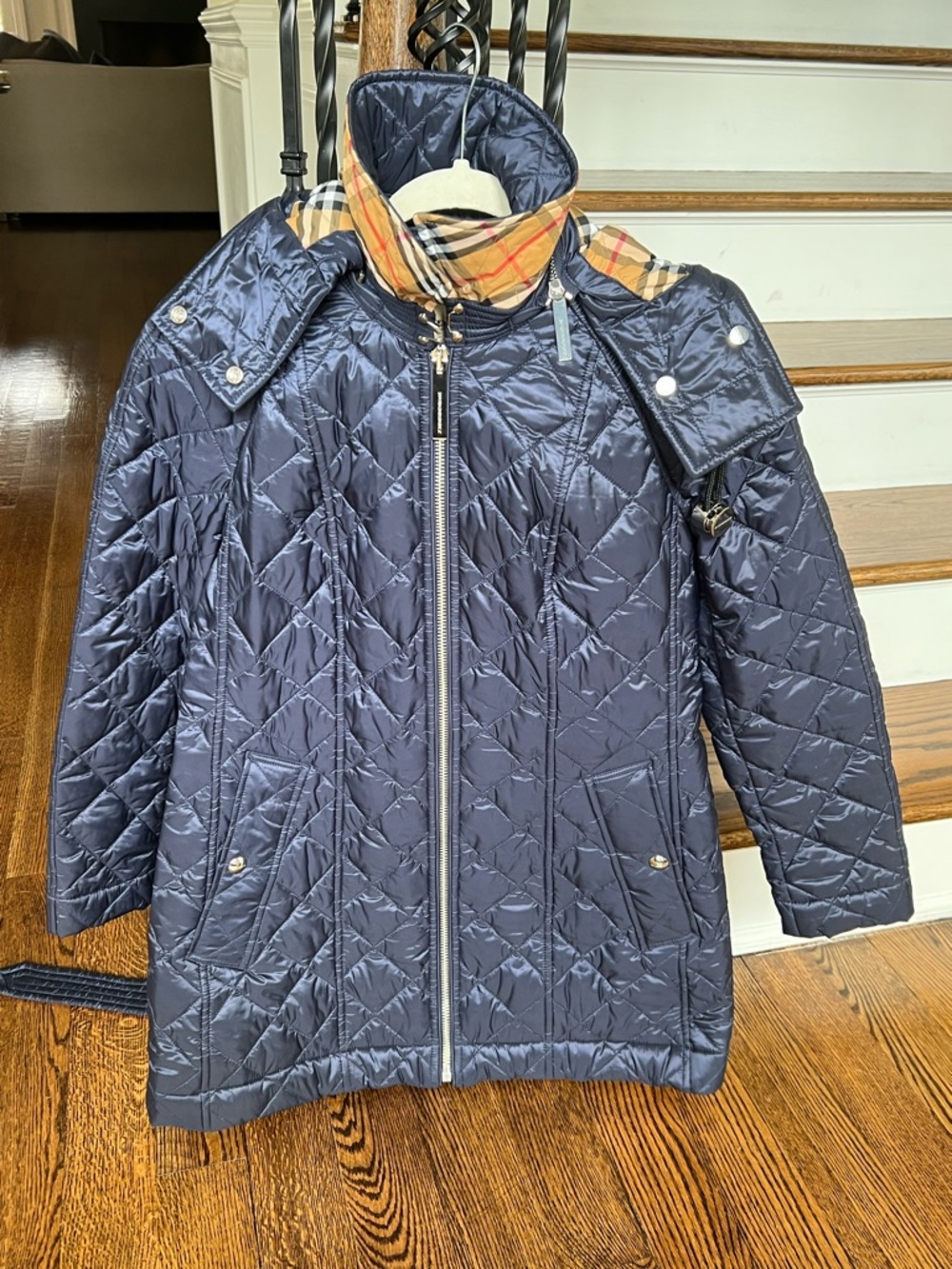 Beautiful! Burberry Navy Quilted Hooded Puffer with Signature Check Trim